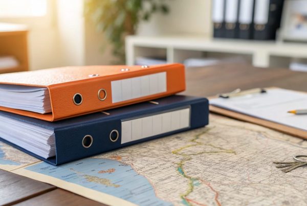 Multi-country payroll consolidation represented by orange and navy payroll binders on a regional MENA map